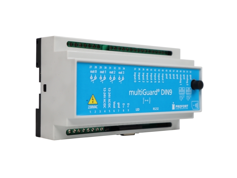 PROFORT MultiGuard® DIN9-L 4G sender/modtager, til overvågning af tekniske installationer, 8 digitale og 2 analoge indgange. 4 relæ-udgange