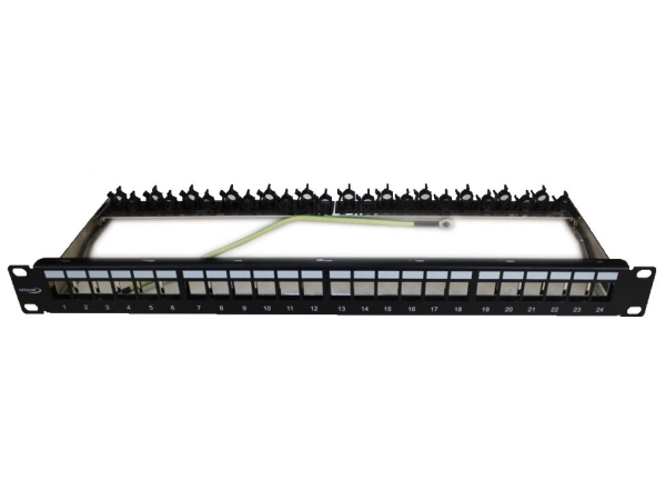 INFRALAN Patchpanel 19 1HE, 24 porte for Csslr Plus UTP / FTP Tool-less keystone konnektor, Easy-Clip, sort incl. 4mm² jordledning
