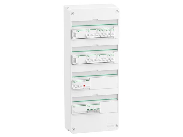 Schneider Electric Færdigmonteret Resi9 Xp Pw Gruppetavle, 4 Rækker 13M: 1Xafb 1Xspd + 2Xrcd + 7Xc10a 1Pn + 2Xc16a 3Pn + 1Xc10a 3Pn Og 1Xrcbo C20a 3P