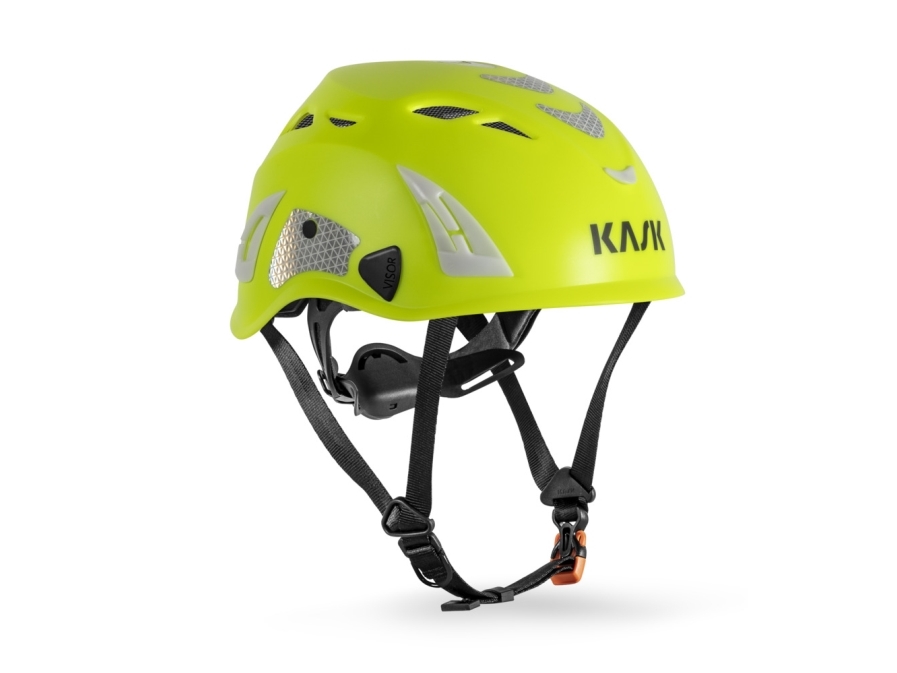 Kask SUPERPLASMA AQ hjelm, gul Hi-viz fluorescerende sikkerhedshjelm med 4 punkt hagerem størelse 51 til 63 cm med klæbende reflekterende klistermærke