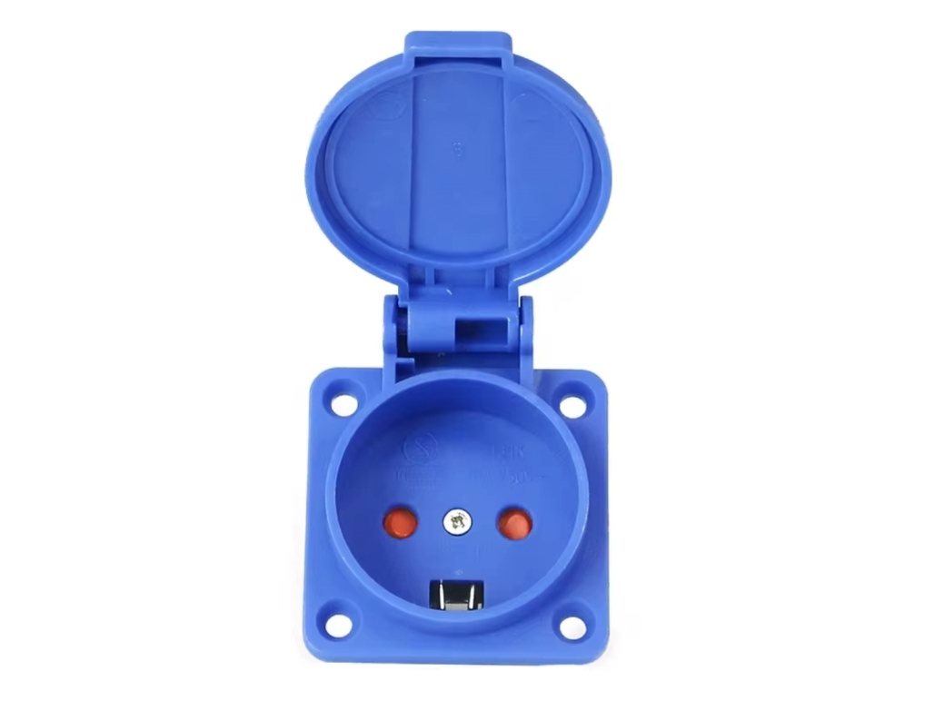 ELPERIUM Stikdåse indbygning med klaplåg, Dansk stikkontakt 16A 230V med jord IP54, Flange 50x50 mm. Blå polyamide