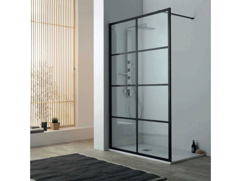 Walk in glas brusevæg 90 x 200 cm - matsort pulverlakeret aluminium profiler - 8 mm hærdet glas