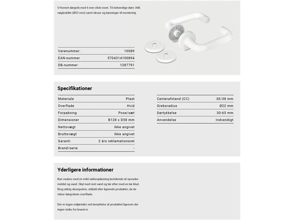 U-formet dørgreb i hvid med 6 mm click roset. Til indvendige døre. Inkl. nøgleskilte (Ø52 mm), skruer og bøsninger til montering.