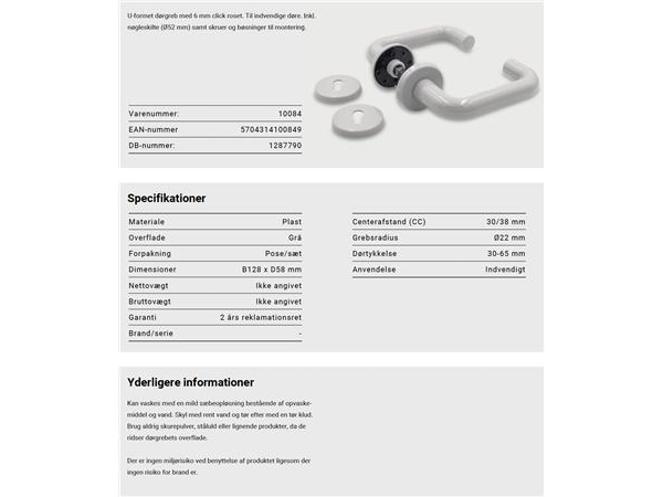 U-formet dørgreb i grå med 6 mm click roset. Til indvendige døre. Inkl. nøgleskilte (Ø52 mm), skruer og bøsninger til montering.
