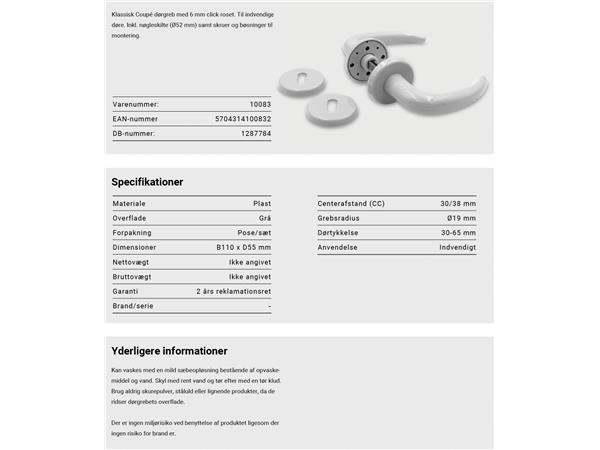 Klassisk Coupé dørgreb i grå med 6 mm click roset. Til indv. døre. Inkl. nøgleskilte (Ø52 mm), skruer og bøsninger til montering.