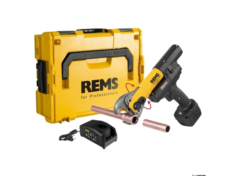 REMS Kompakt 14,4 V akku-presse til Ø 10–40 mm. Drejelig kæbe, LED-lys, sikkerhedsknap, hurtigoplader og L-Boxx medfølger.