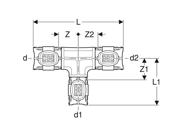 Geberit FlowFit T-stykke reduceret: Materiale=PPSU, d=25mm, d1=16mm, d2=25mm