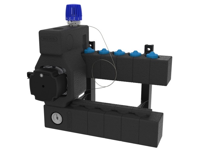 Wavin Comfia Midishunt - Grundfos pumpe og fordelerrr, 3 kredse, messing, 3/4" tilslutning