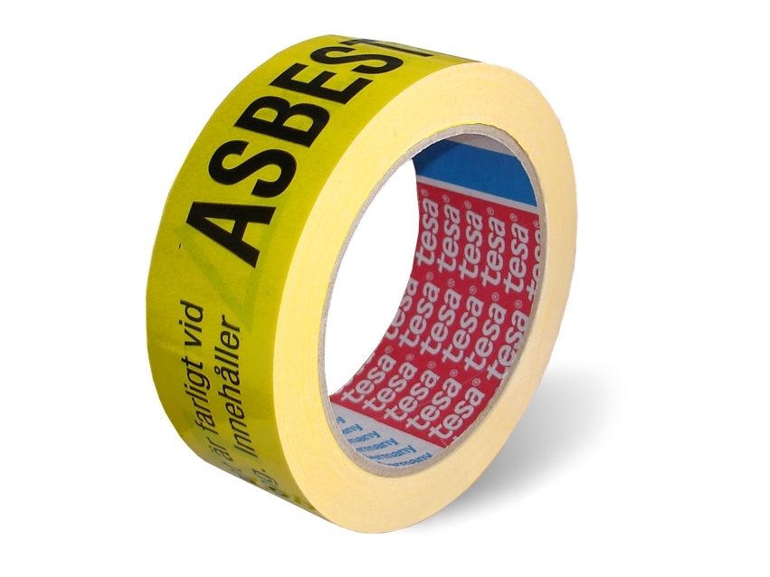 TESA PVC-advarselsbånd til mærkning af asbestaffald. Robust tape med god vedhæftning på de fleste overflader.