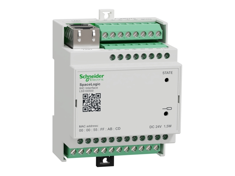 IHC-grænseflade, SpaceLogic, 8 indgange, 16 udgange, RS-485 Modbus, DIN-skinne, Ethernet, hvid