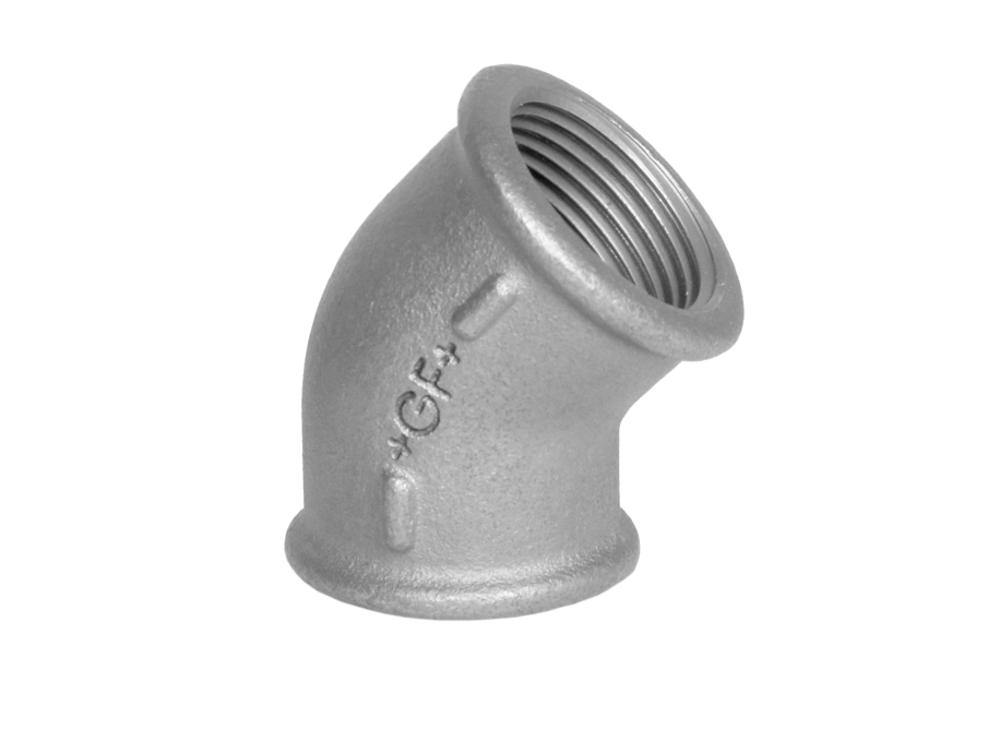 GF GEORG FISCHER +GF+ vinkel 45 grader 1 1/2 muffe/muffe galvaniseret blødstøbt