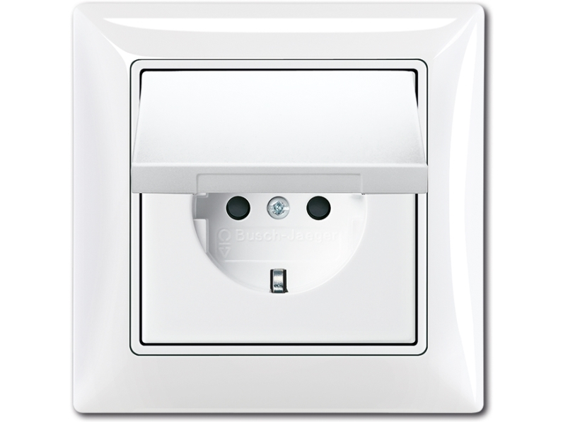 ABB-basic55 Schuko-stikkontakt, IP44, blank hvid, 16A, 1 modul,leveres komplet inkl. ramme og afdækning med pillesikring og klaplåg