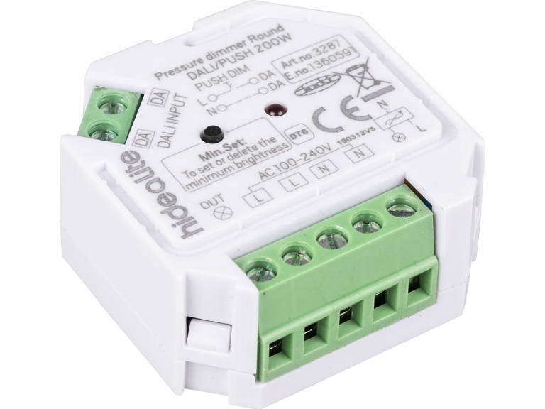 Dimmerpuck for fasedæmpningsbare drivere Passer i apparat- og koblingsdåse. Dæmpbar via DALI og Push (230V), 1-200W.