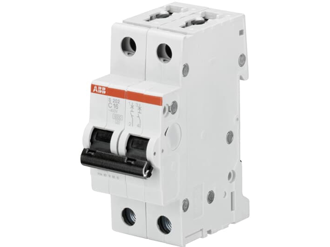 ABB Automatsikring - MCB 16A C karakteristisk, 2 polet, 6kA kortslutningsbrydeevne, 230v AC, , 36mm bred