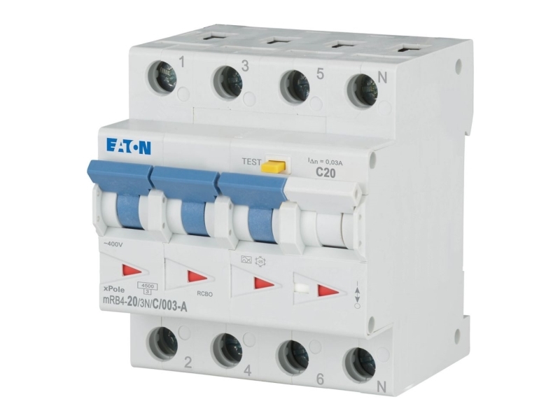 EATON Kombiafbryder - RCBO 20A Udløserstrøm 30mA, C karakteristik, type A, 3 polet + nul, bredde 72 mm