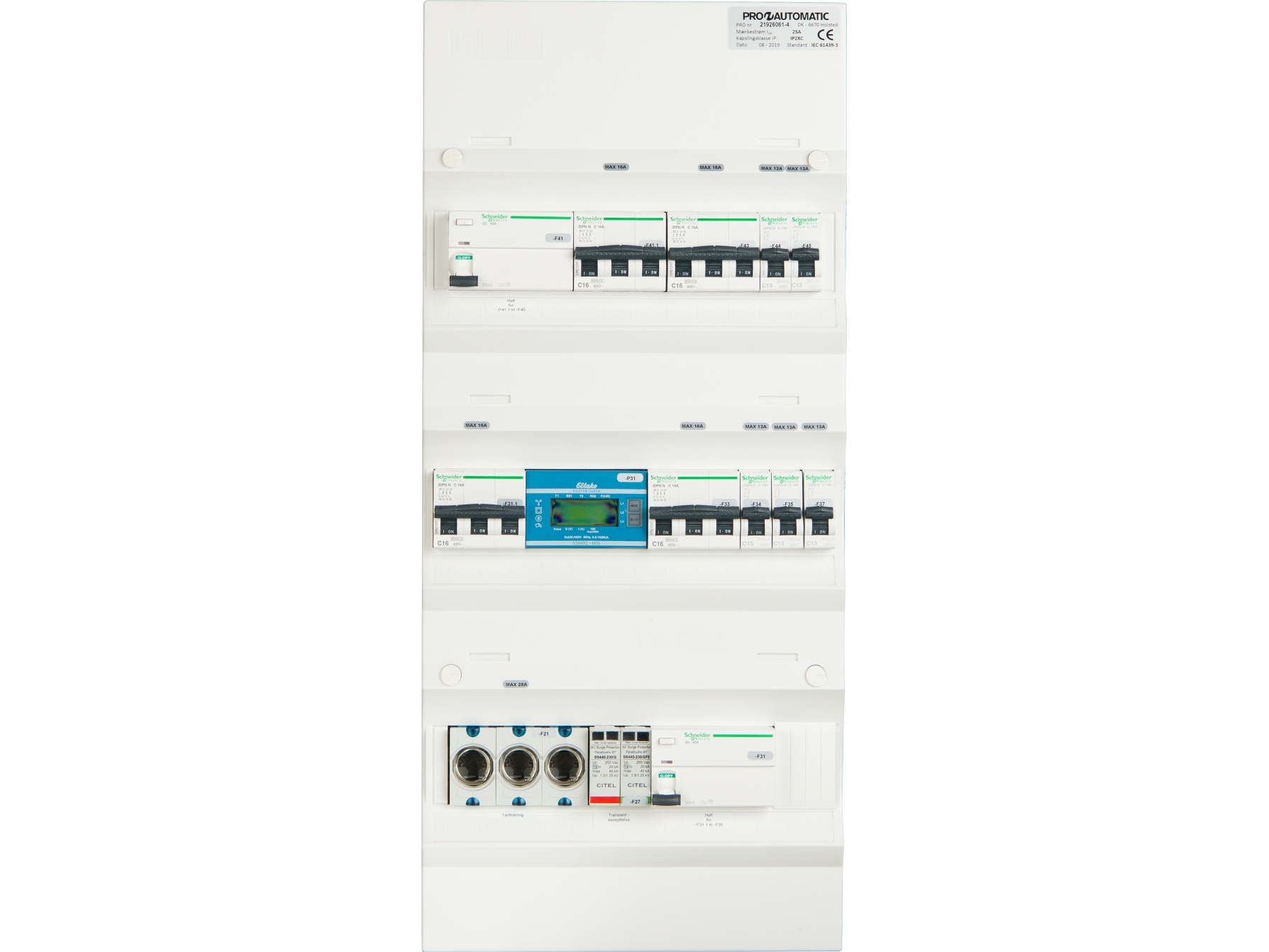 Gruppetavle færdigmonteret Hvid, 1xD02, 2xHPFI 40A 30mA, 4xC16A 3P+N, 5xC13A 1P+N, 1xtransient, 1x3PN måler