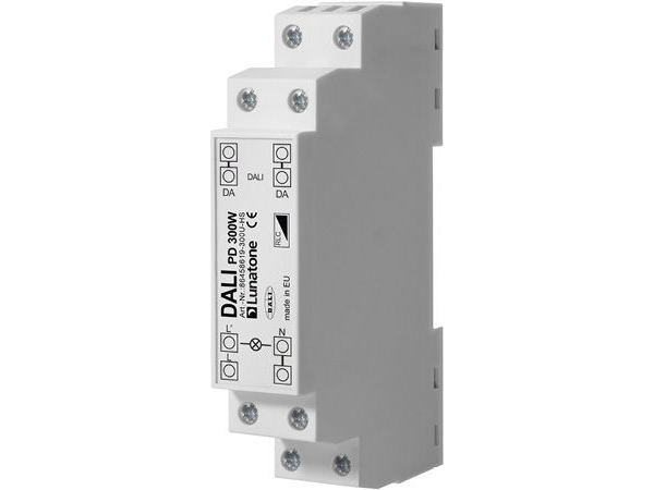 DALI-2 universel lysdæmper på 300W som kan anvendes til 230V LED lyskilder og drivere. Beregnet til montering på DIN-skinne.