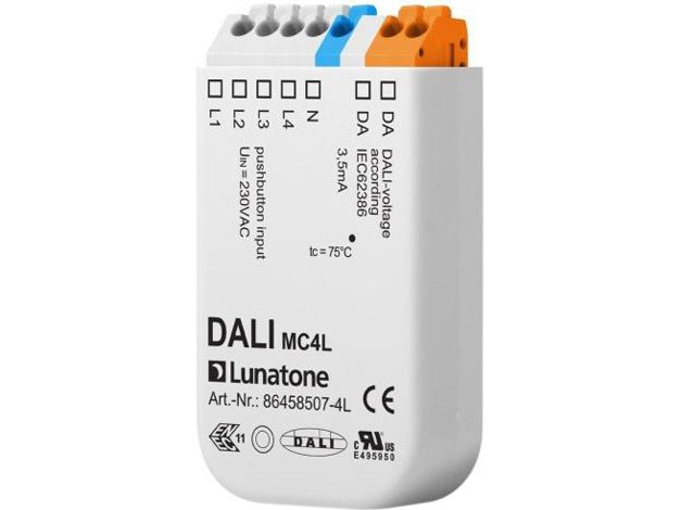DALI input modul med 4 indgange som forbindes til 230V afbrydere med fjederretur. Modulet placeres i dåsen bag trykket.