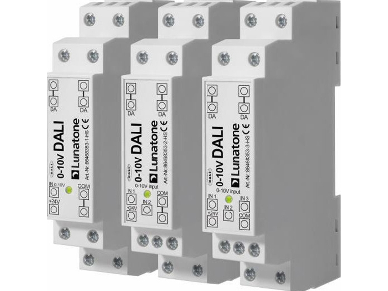 DALI konverteringsmodul som konverterer 0-10V signaler om til DALI broadcast kommandoer.
