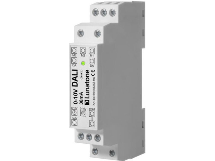 DALI konverteringsmodul som konverterer 0-10V signaler om til DALI broadcast kommandoer.