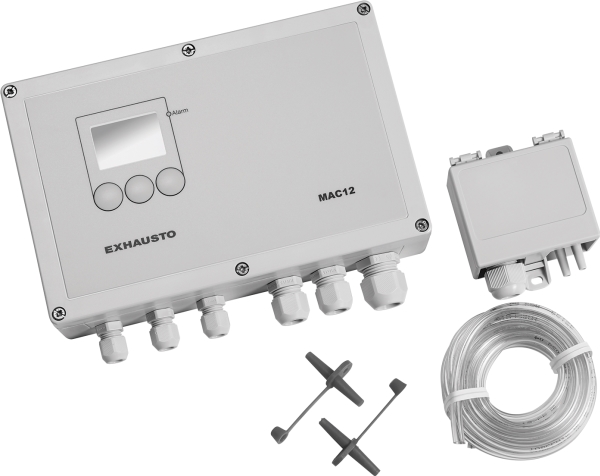 EXHAUSTO Konstattrykregulator MAC12 med analog XTP-senor med 2 meter slange og målesonde for AC eller EC-motor.