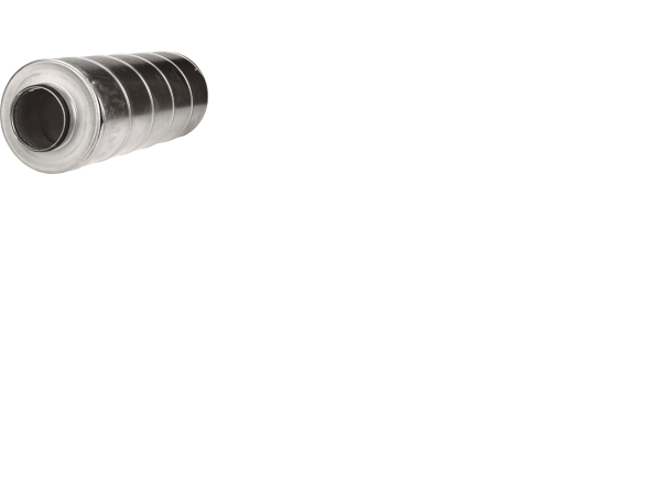 LINDAB Lyddæmper SLU 125 med 50 mm isolering. Længde 965 mm, ydre diameter 224 mm.