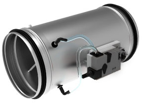 AIR2TRUST VAV-spjæld RVPC200 MFB for analog styring 0-10/(0)2-10V uden BUS med Belimo MF aktuator og ovalt spjældblad for 60° lukkefunktion.