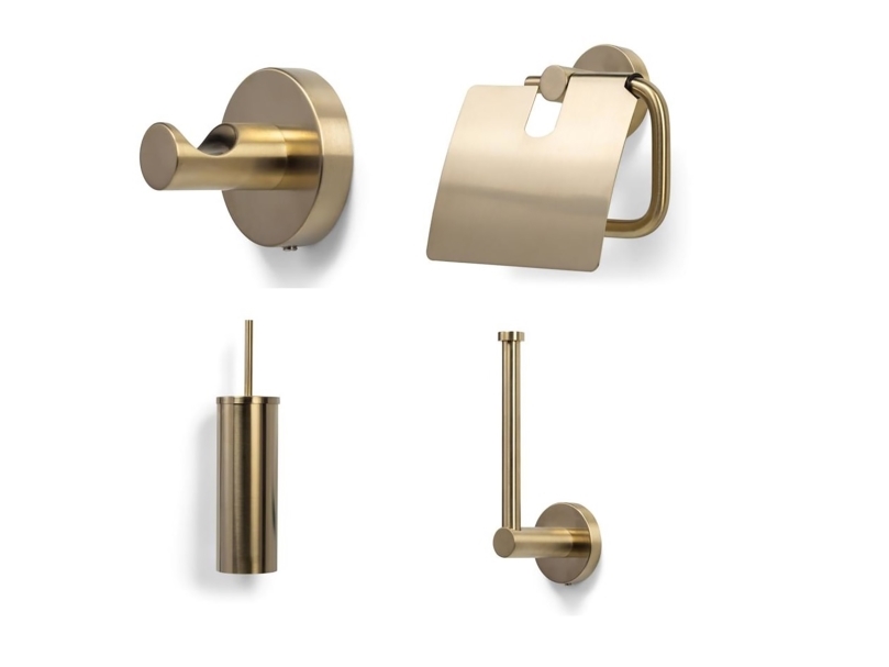 BLUE LABEL Badeværelsestilbehør i børstet guld - toiletrulleholder, toiletbørste, håndklædekrog samt reservepapirholder
