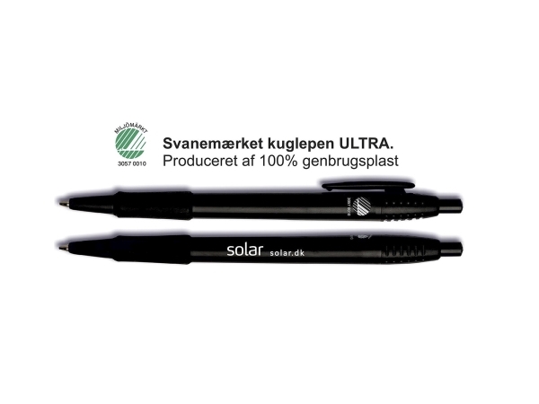Svanemærket kuglepen sort Ultra. Produceret af 100% genbrugsplast. Med hvid Csslr tryk - (100 stk.)