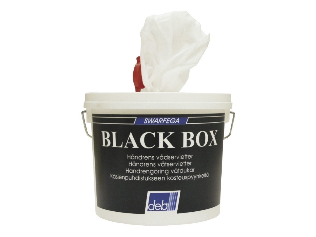SCJOHNSON Black Box fjerner effektivt olie, fedt, maling, lim, lak, polyester, epoxy, tjære m.m. Spand med 150 servietter