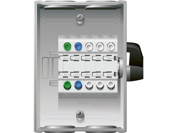 Sikkerhedsafbryder 3+N+PE, 16A, 7,5kW IP65 PUSH-IN klemmer, max 500VAC, ledningstværsnit 0,75..6mm² 4xM25, BxHxD = 107x129x62mm