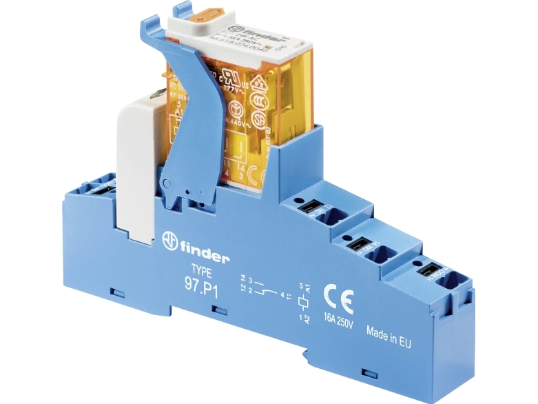 FINDER Komplet relæ 16A 1 C/O 230V AC, med LED, komplet med relæ, sokkel med ''Push-In'' klemmer og holdebøjle