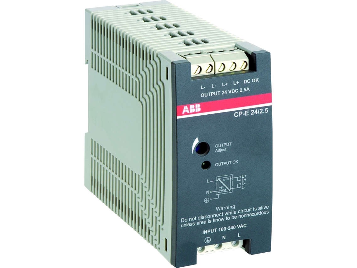 ABB Switch-mode strømforsyning i CP-E serien, 60W, primær 1 faset 100-240V AC, sekundær justerbar 24V DC/2,5A, HxBxD: 40,5x90x114mm