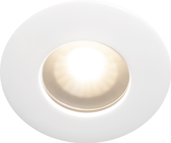 LED-downlight 1208 12V Hvid 2700K, 350lm, 70°, 4,7W, 12V AC/DC, IP44. trykklemmer i kølefladen. Til installationsdåse.
