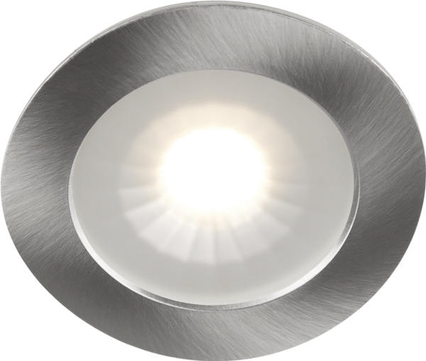 LED-Minidownlight 1202 12V børstet stål 3000K, 300lm, 70°, 4,3W, 12V AC/DC, IP44. Hurtigklemmer i bagstykket