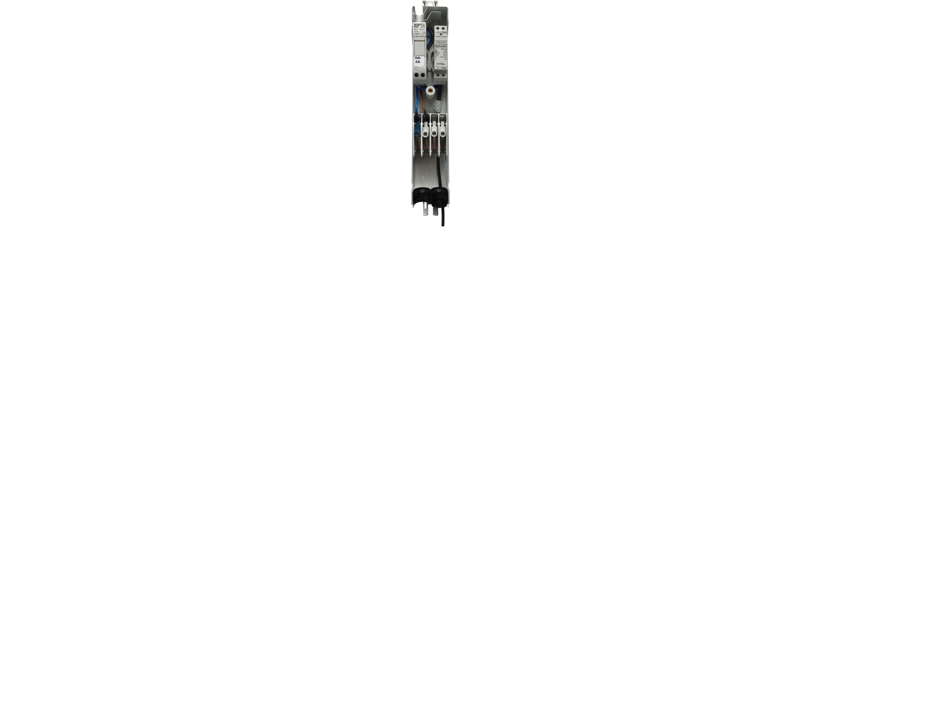 Sikringsindsats, KL.II, 1-2 kabler 4x2,5-16 mm², 10x38 mm sikr.holder, 2A sikr. 1 transient, frit fasevalg, IP44, >Ø70 mm mast