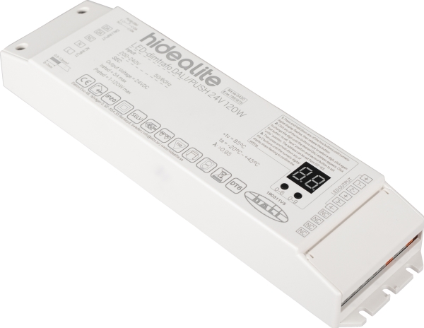 LED-dimtrafo DALI/PUSH 24V 120W For dæmpning af LEDstrip enkeltfarve via Push (230v) eller DALI.