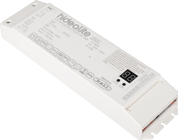 LED-Dimtrafo DALI/PUSH 24V 75W. For dæmpning af LEDstrip enkeltfarve via Push (230v) eller DALI.