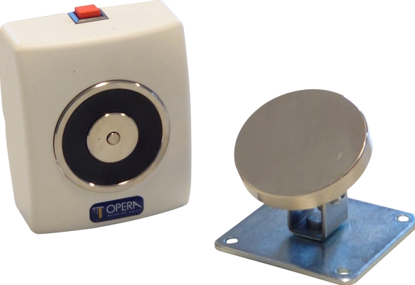 Dørholdemagnet, styrke 50kg, magnet Ø50mm, 24Vdc, 70mA, vægmontering, med udløsertryk, hvid, inkl. anker.