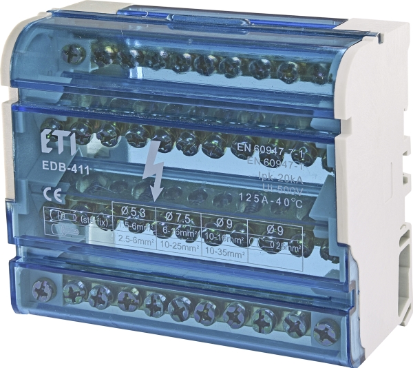 Distributionsblok 4polet 125A 4x(7x1,5 - 6mm2 + 2x6 - 16mm2 + 2x10 - 16mm2) TH35 eller plade montering