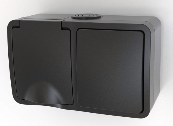 Stikkontakt kombi schuko m/afbryder IP54 sort