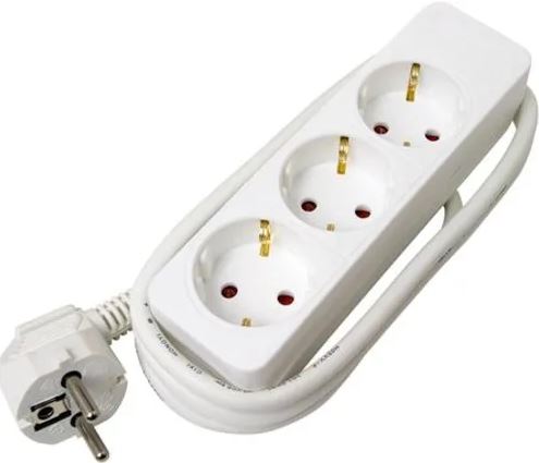 Stikkontaktdåse, 10A, Schuko 3 udtag, med jord, uden afbryder, 3 meter ledning, hvid