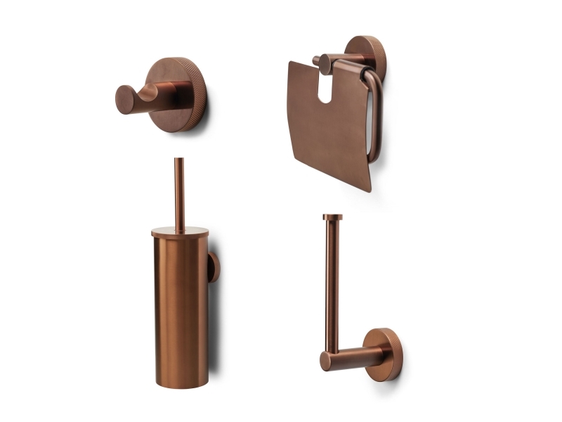 BLUE LABEL Badeværelsestilbehør i børstet bronze - toiletrulleholder, toiletbørste, håndklædekrog samt reservepapi