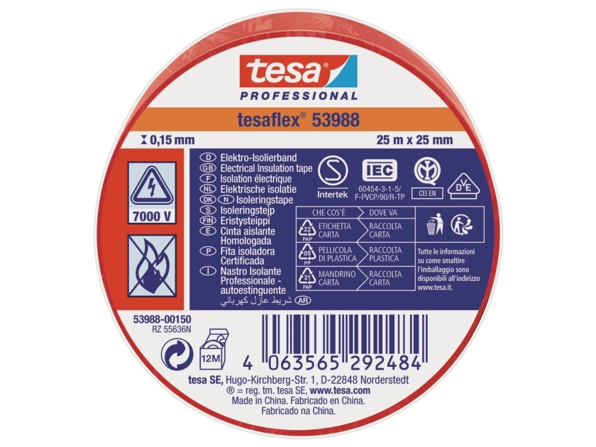 Tesaflex® 53988 - PVC-isoleringstape til isolering og mærkning af kabler 25m x 25mm rød - (10 stk.)