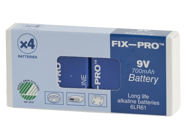 FIX-PRO BATTERI ALKALINE 9V 6LR61 4 STK