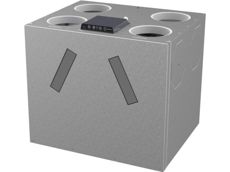 Ventilationsanlæg Dantherm RCV 480P1 med plastveksler. Luftmængde 280 m³/h ved 100 Pa og SEL 1000 J/m³ el. max. 480 m³/h v/100 Pa.