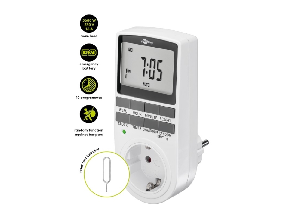 Goobay Digital timer programmerbar timer med kontakt med skyddsjord (typ F)