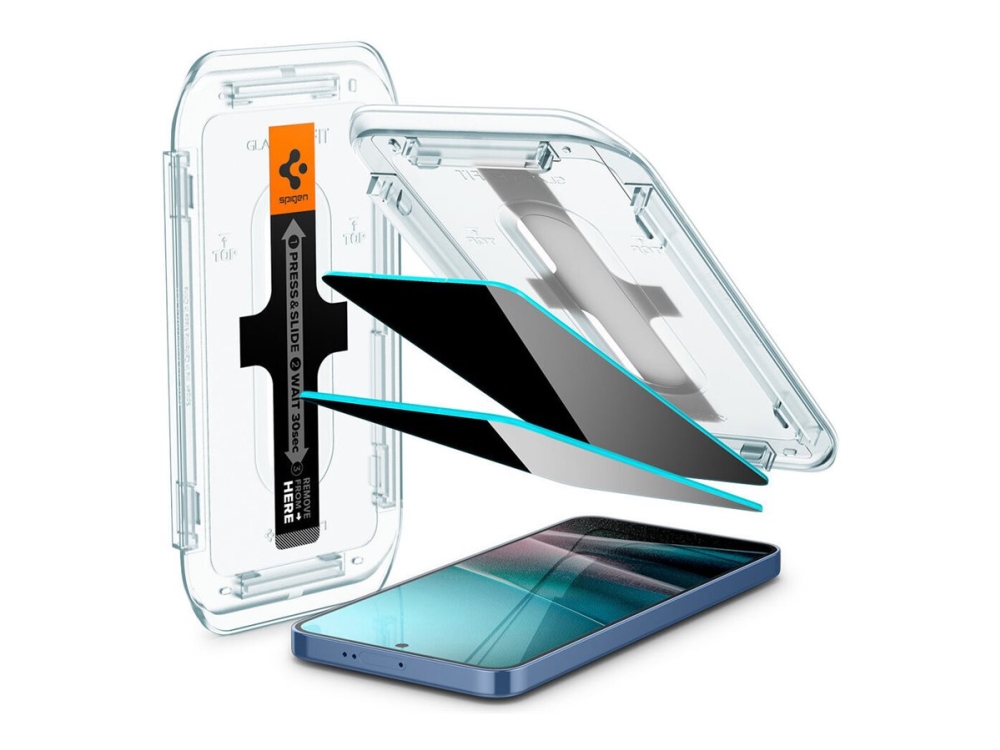Spigen GLAS.tR HD EZ FIT - Skærmbeskytter for mobiltelefon - 2.5D - glas - med fortrolighedsfilter - sort - for Samsung Galaxy S25