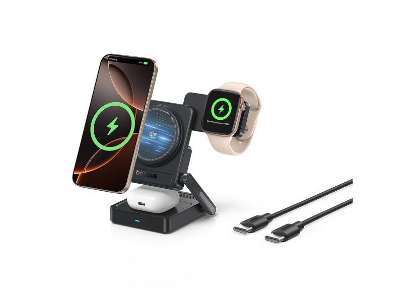 Baseus Picogo Af21 3-I-1 Trådløs Oplader, Qi 2.2, 35 W, Med 1 M Usb-C-Kabel – Sort