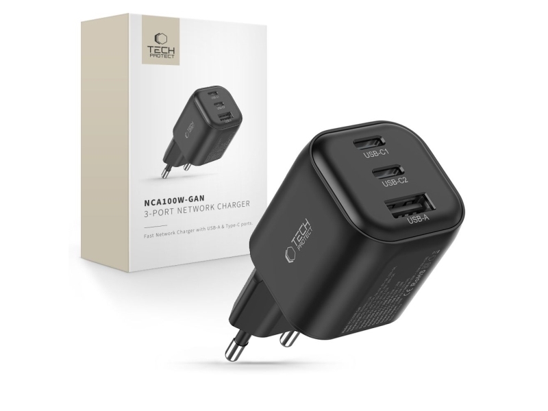 Ladowarka Powerneed Tech-Protect Nca100w-Gan-Avs 3-Port Network Charger Pd 3.2 100W / Qc3.0 Black